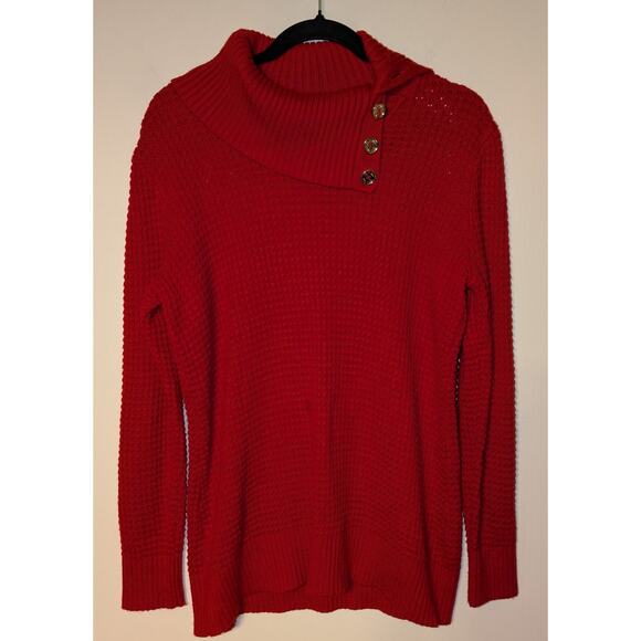Calvin Klein Women M Red Textured Button Neck Knit Sweater Cozy Winter Christmas - Picture 1 of 12